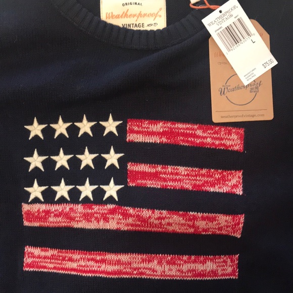Nwt Weatherproof Navy Crew Neck Sweater with American flag Size men’s Large - Picture 3 of 3